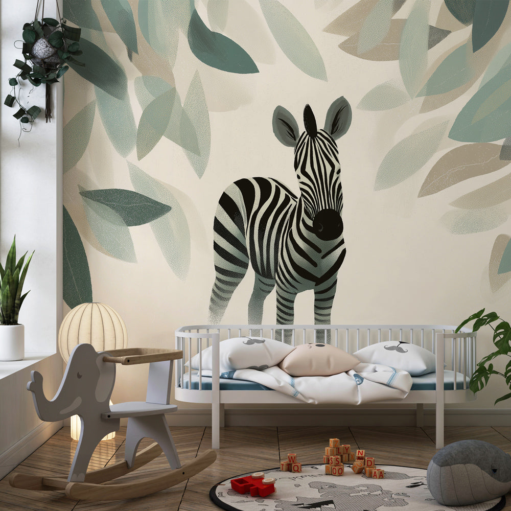 Elegant zebra safari wallpaper creating peaceful atmosphere in children's bedroom