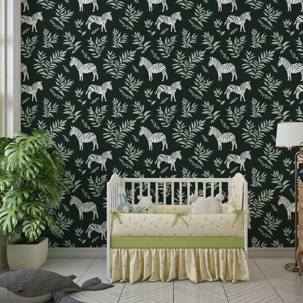 Safari zebra wallpaper creating adventurous kids bedroom decor with botanical foliage design