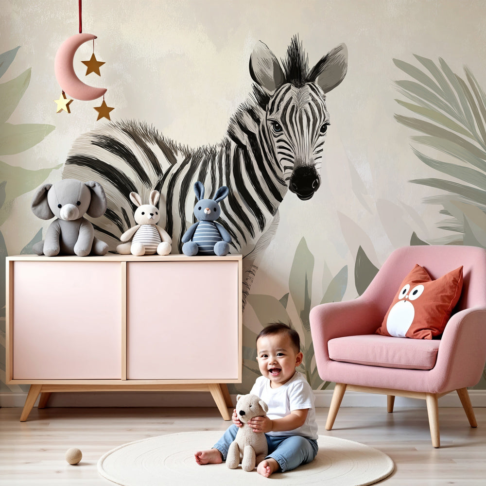 Zebra safari mural wallpaper creating tropical nursery decor with natural wood furniture by Kids-Mundo