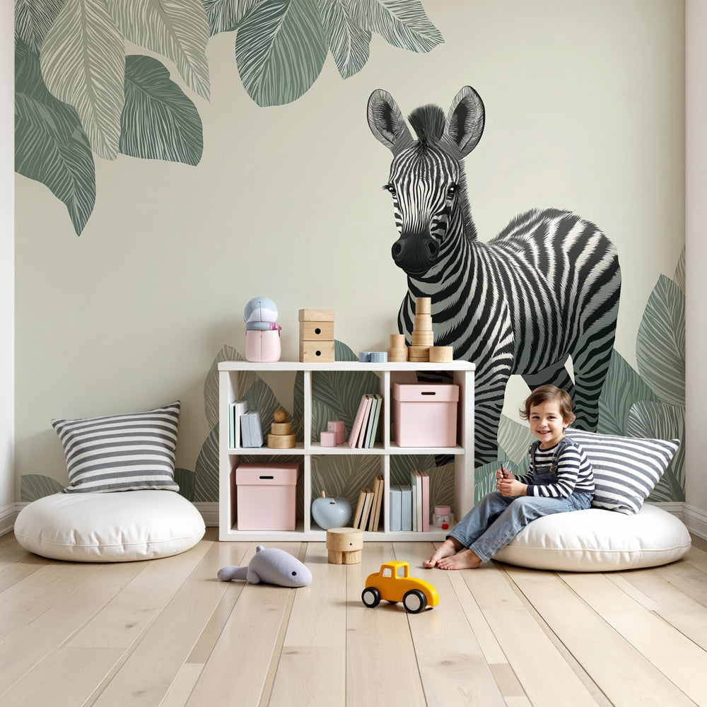 Zebra safari mural wallpaper creating adventurous nursery decor with green foliage by Kids-Mundo