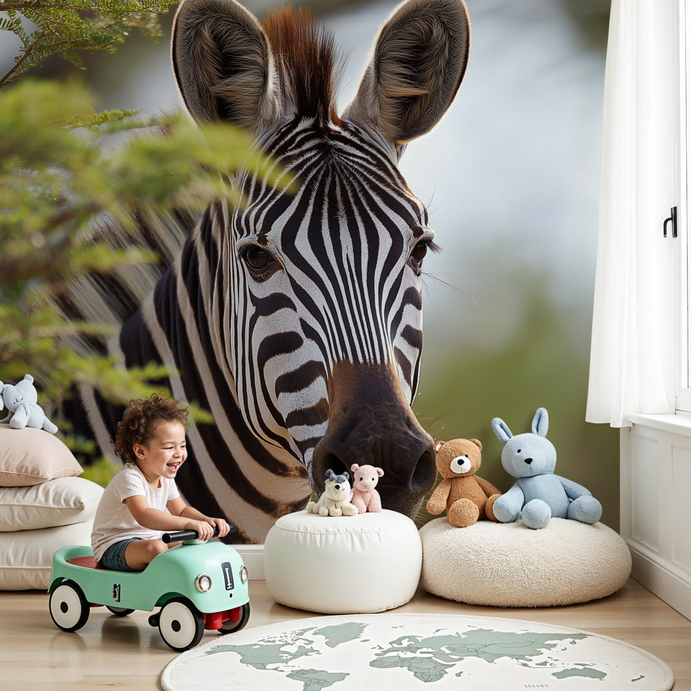 Zebra safari mural wallpaper creating adventurous African theme in modern nursery by Kids-Mundo