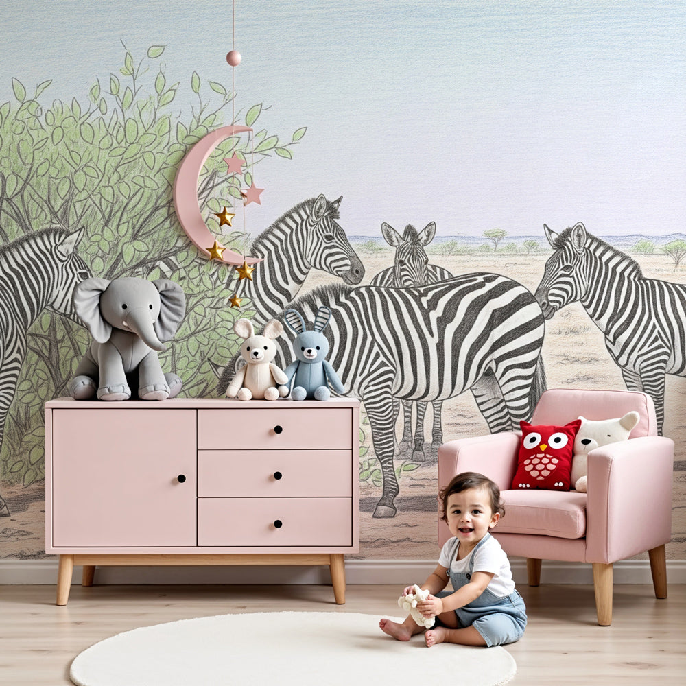 Zebra savanna mural wallpaper in modern nursery with natural wood furniture by Kids-Mundo