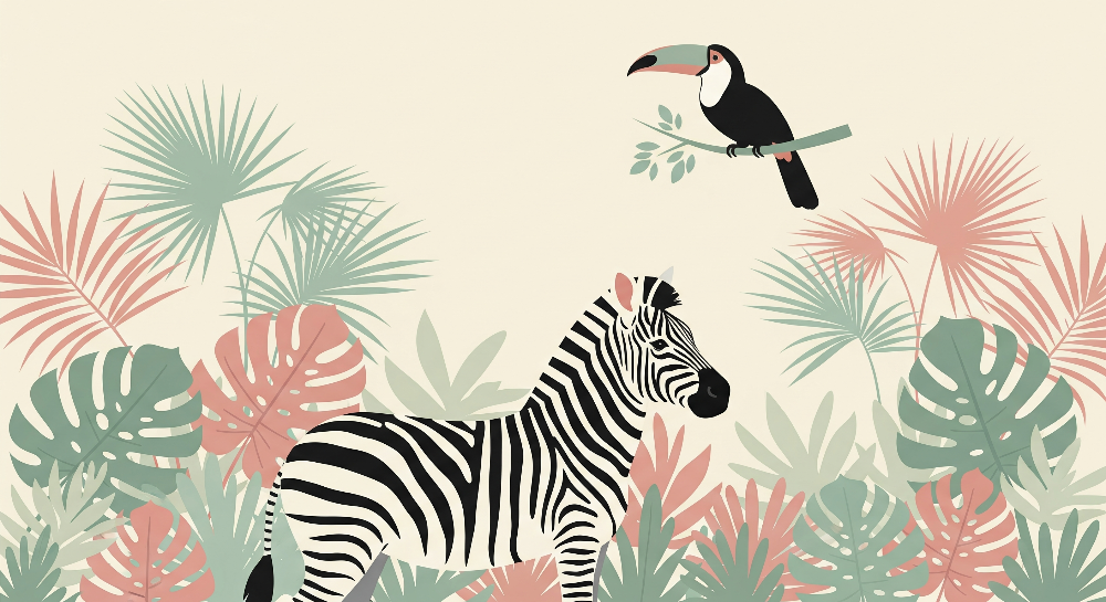 Zebra and Toucan Tropical Leaf Wall Mural