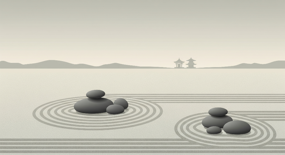 Kids-Mundo zen garden wall mural flat artwork showing raked sand circles and stones in beige and grey