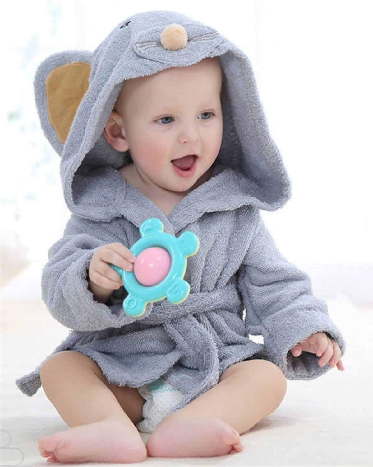 Gray Cotton Baby Bathrobe | Soft Mouse Pattern Design