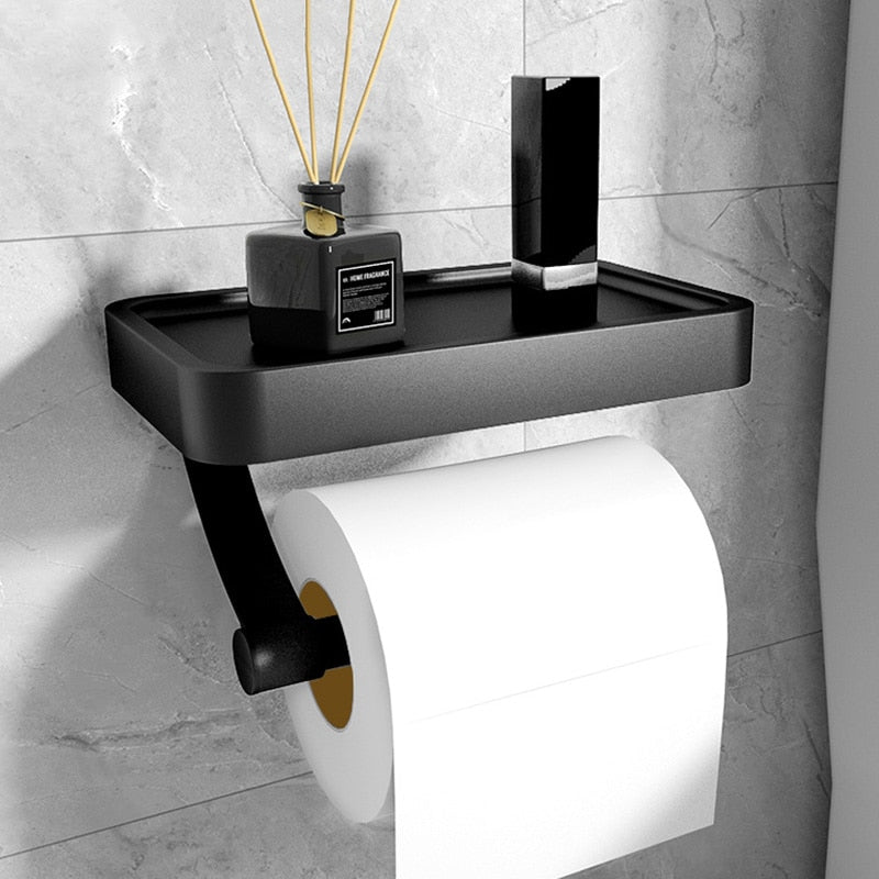 Black Metal Toilet Paper Holder | Wall-Mounted Shelf for Essentials