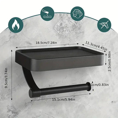 Black Metal Toilet Paper Holder | Wall-Mounted Shelf for Essentials