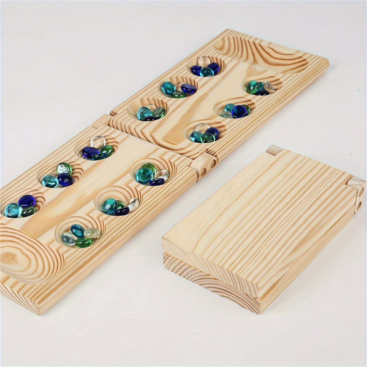 Mancala Travel Game | Deluxe Wooden Board with Glass Tiles