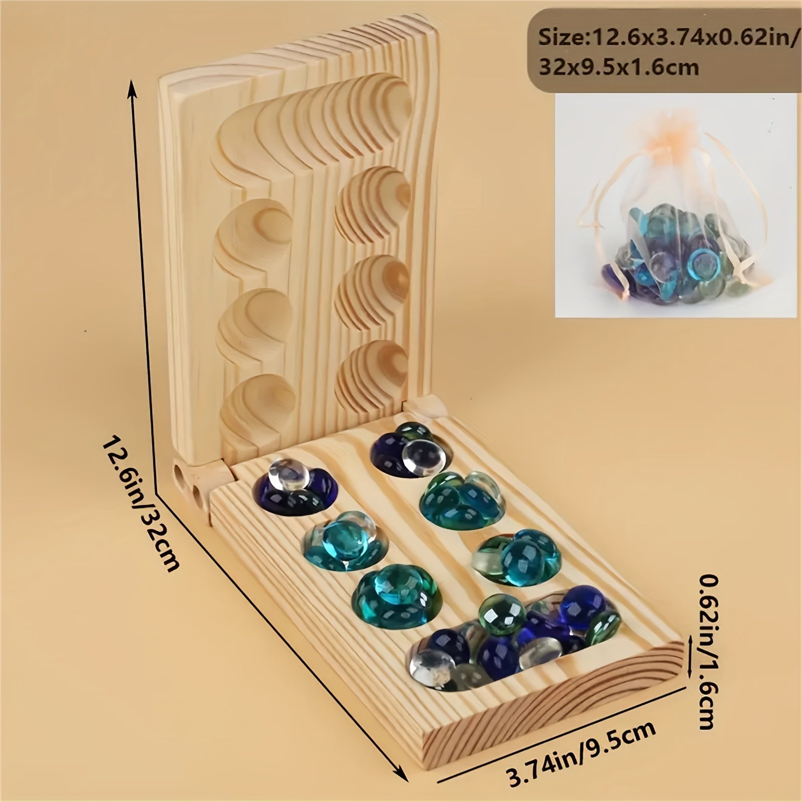Mancala Travel Game | Deluxe Wooden Board with Glass Tiles