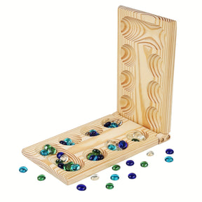 Mancala Travel Game | Deluxe Wooden Board with Glass Tiles