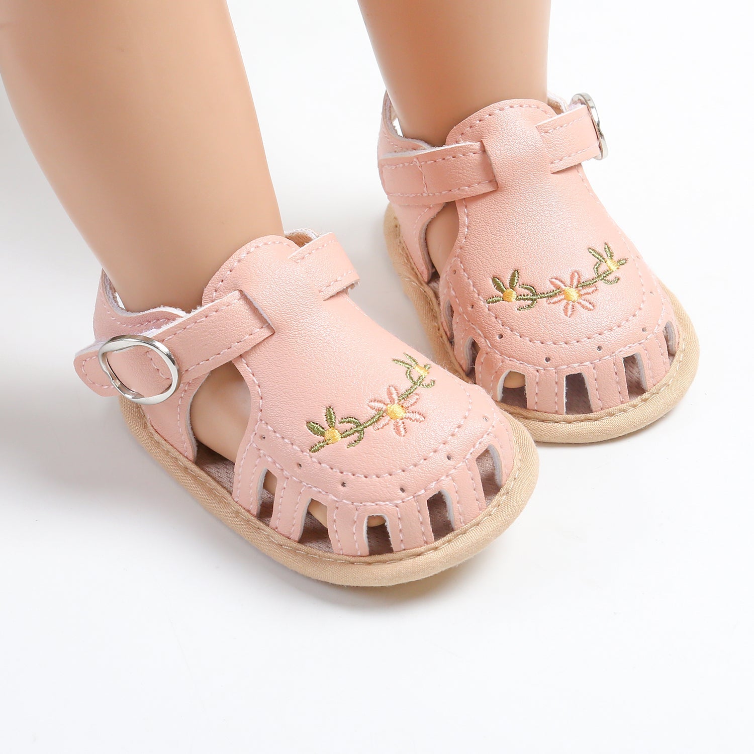 Baby Girls' Sandals | Soft Faux Leather with Floral Embroidery