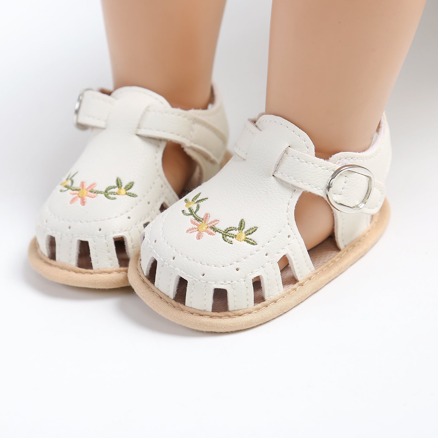 Baby Girls' Sandals | Soft Faux Leather with Floral Embroidery