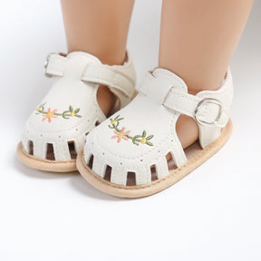 Baby Girls' Sandals | Soft Faux Leather with Floral Embroidery