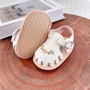 Baby Girls' Sandals | Soft Faux Leather with Floral Embroidery