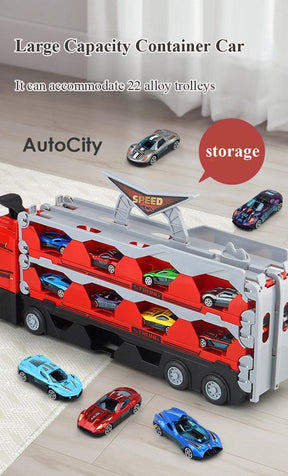 Toy Car Transporter Truck | Includes 8 Miniature Vehicles