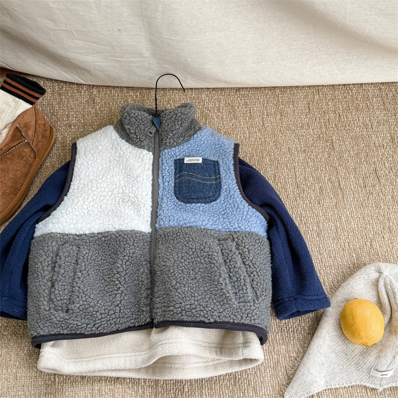 Unisex Kids Bodywarmer Gilet | Soft Sherpa Fleece with Denim Details