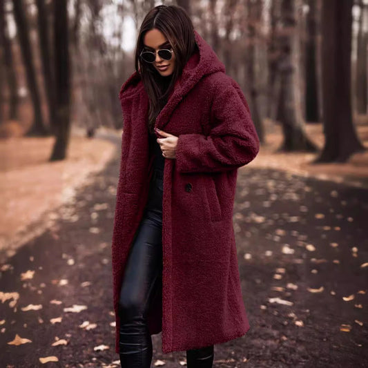 Hooded Wool Winter Coat | Oversized Full-Length Design with Button Closure