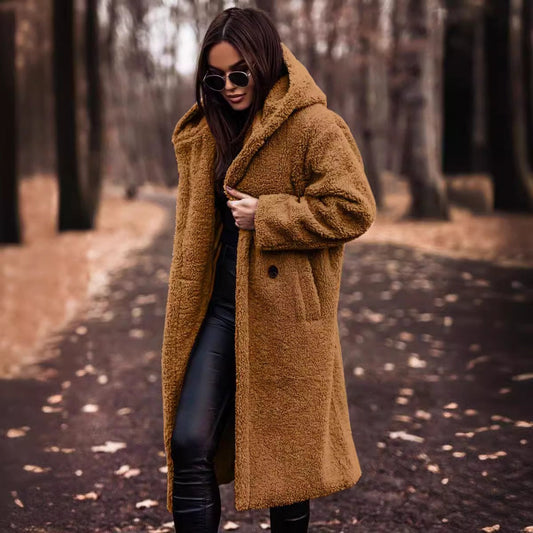 Hooded Wool Winter Coat | Oversized Full-Length Design with Button Closure