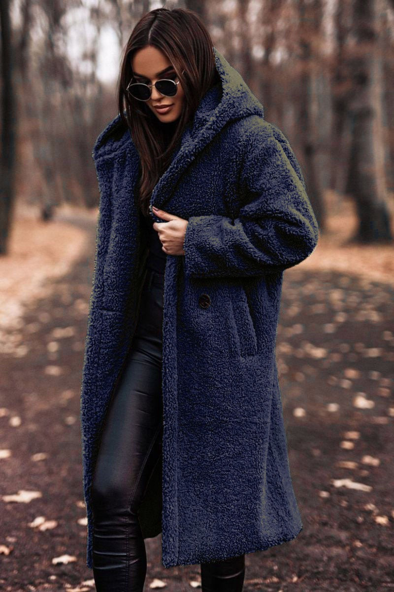 Hooded Wool Winter Coat | Oversized Full-Length Design with Button Closure