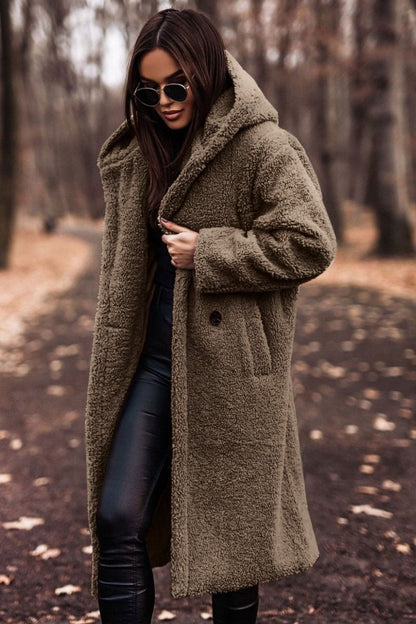 Hooded Wool Winter Coat | Oversized Full-Length Design with Button Closure