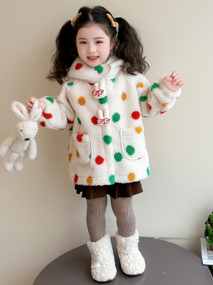 Baby Girls' Lambswool Jacket | Cute Cartoon Dinosaur Design