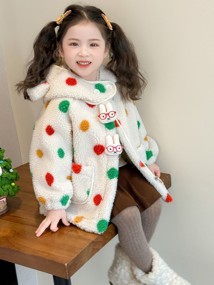 Baby Girls' Lambswool Jacket | Cute Cartoon Dinosaur Design
