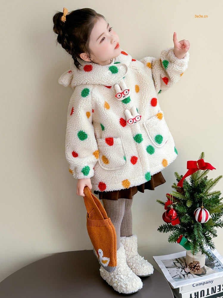 Baby Girls' Lambswool Jacket | Cute Cartoon Dinosaur Design