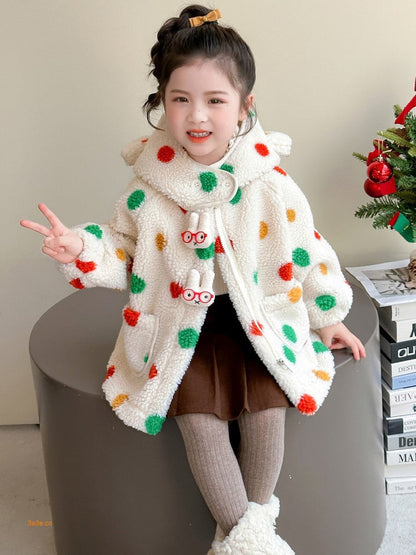 Baby Girls' Lambswool Jacket | Cute Cartoon Dinosaur Design