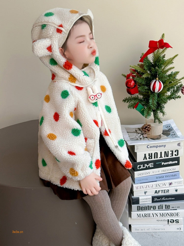 Baby Girls' Lambswool Jacket | Cute Cartoon Dinosaur Design
