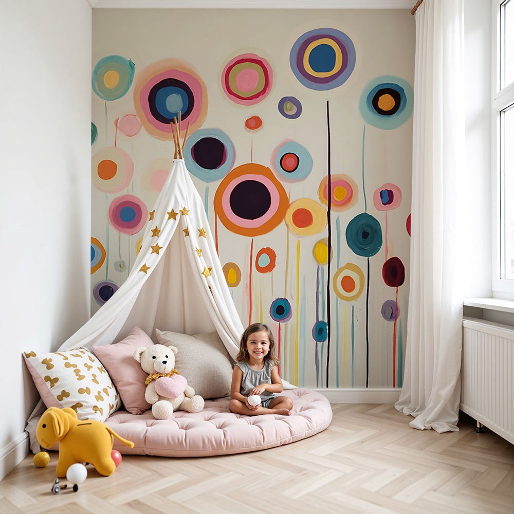 Kids-Mundo abstract floral wall mural in bold colours styled in a bright nursery