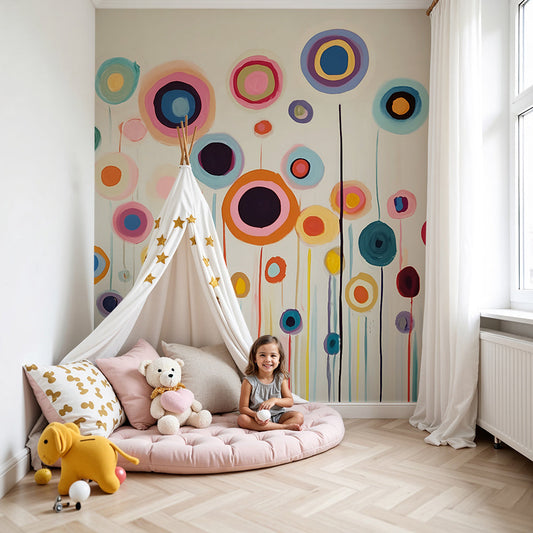 Kids-Mundo abstract floral wall mural in bold colours styled in a bright nursery