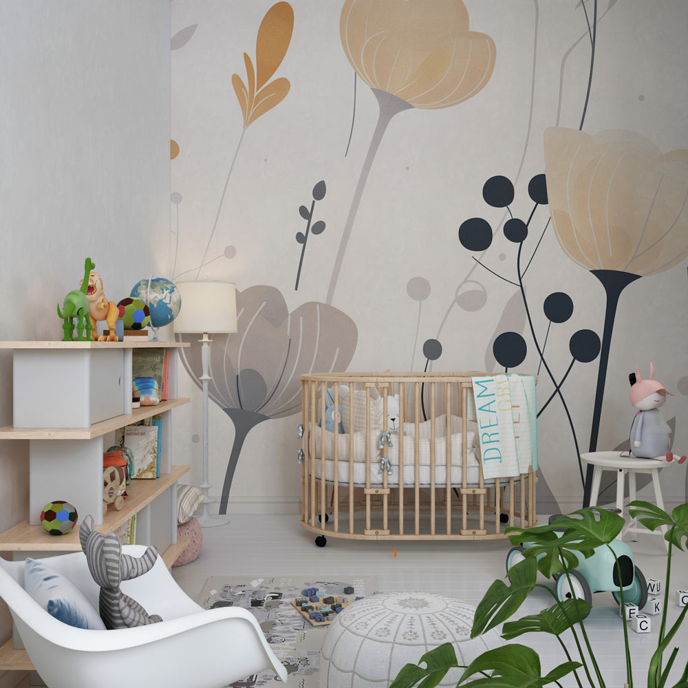 Terracotta and cream floral wallpaper creating peaceful atmosphere in baby bedroom decor