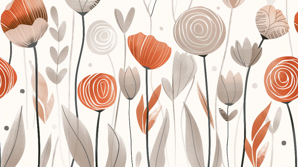 Detailed abstract floral mural wallpaper design pattern in terracotta and beige by Kids-Mundo