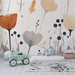 Abstract botanical mural wallpaper with earth tones enhancing cozy nursery interior design