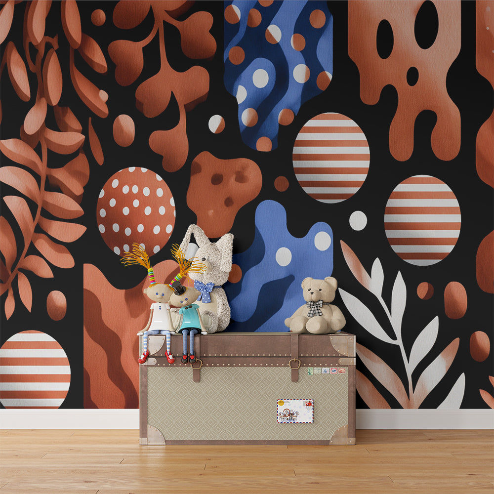Kids-Mundo terracotta and blue geometric mural in a modern kids bedroom