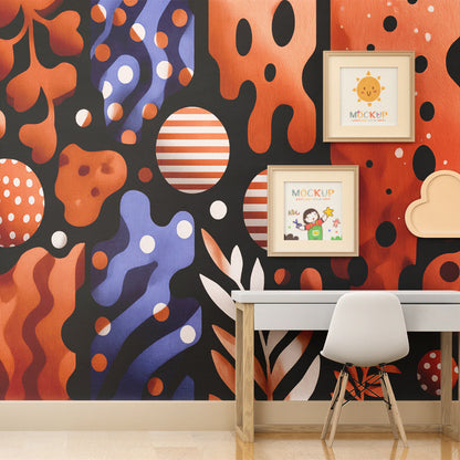 Kids-Mundo abstract geometric wall mural adding energy to a lively playroom