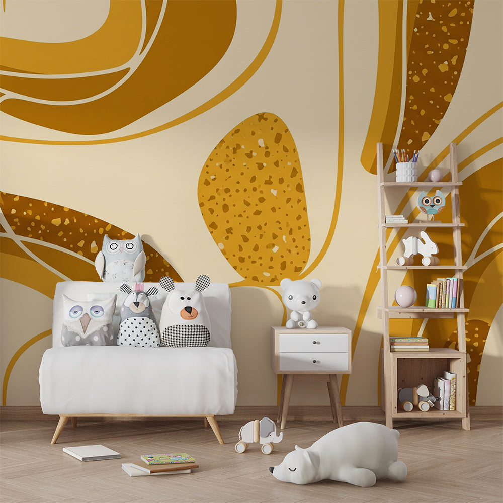 Kids-Mundo abstract wall mural on a feature wall behind a bed in a kids bedroom
