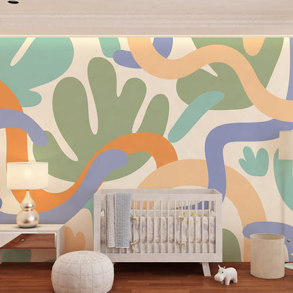 Kids-Mundo abstract wall mural styled in a colourful kids bedroom with playful swirling shapes.