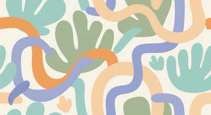 Kids-Mundo abstract organic shapes wall mural artwork in orange, sage green and dusty blue swirls.