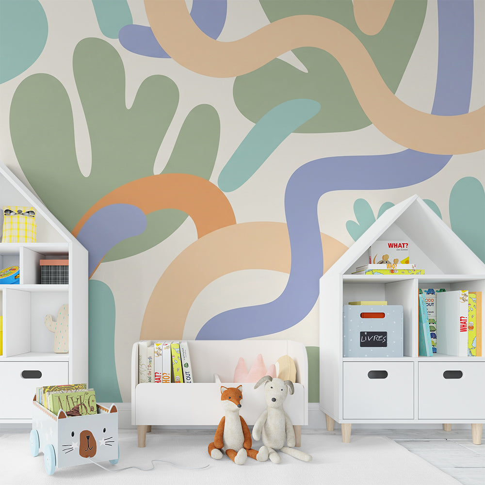 Kids-Mundo abstract organic shapes mural brightening a fun playroom wall with orange and sage tones.