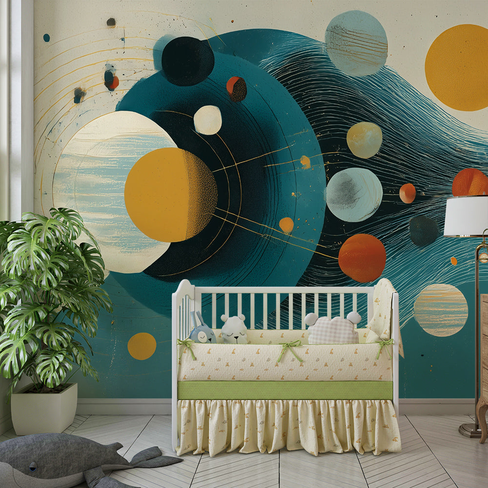 Kids-Mundo abstract planets wall mural styled on a modern kids bedroom wall