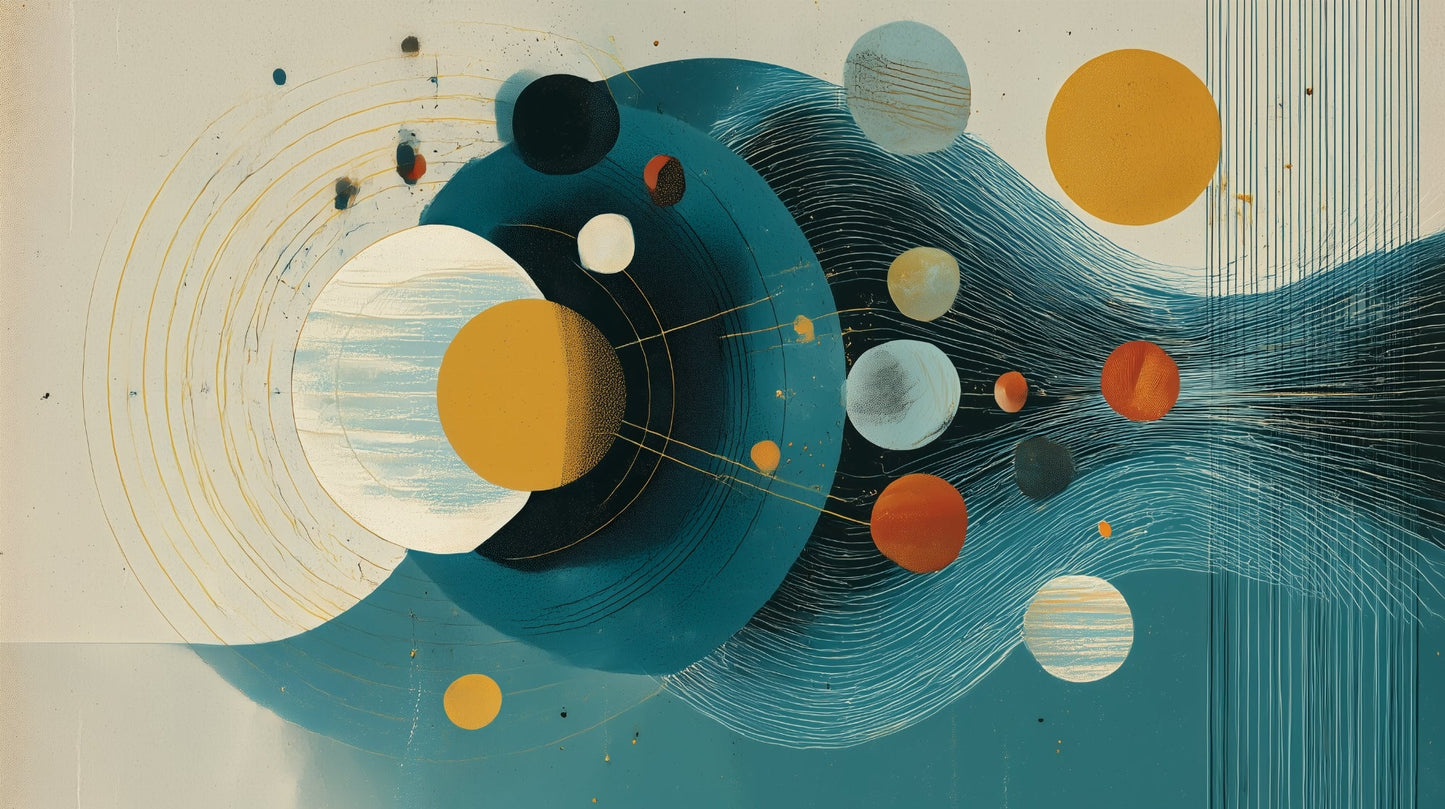 Kids-Mundo flat artwork of an abstract solar system in amber and teal circles