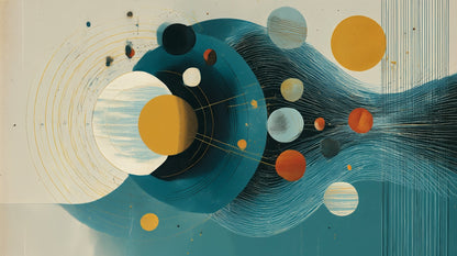 Kids-Mundo flat artwork of an abstract solar system in amber and teal circles