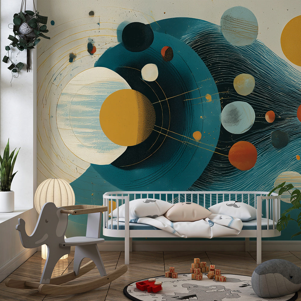 Kids-Mundo abstract solar system wall mural in a bright, shared playroom space