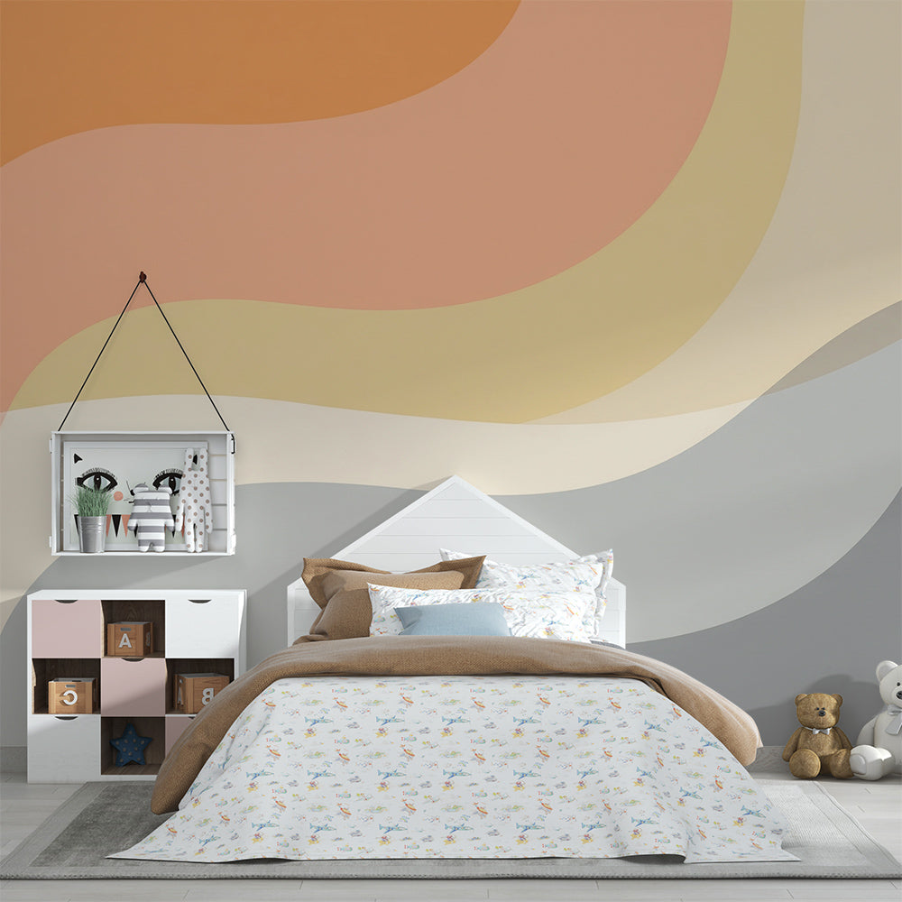 Orange and grey abstract swirl wall mural by Kids-Mundo in a modern kids bedroom