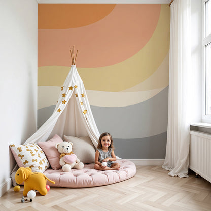 Kids-Mundo abstract swirl wall mural styled in a warm, modern nursery with a cot