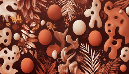 Kids-Mundo flat artwork of abstract terracotta shapes and leaves on a dark background