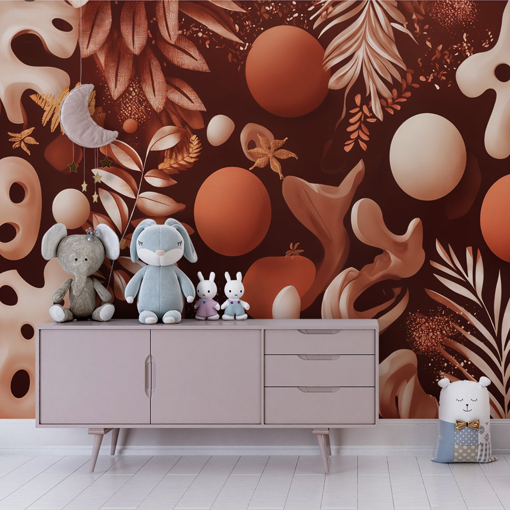 Kids-Mundo abstract foliage wall mural in a playful, earth-toned playroom