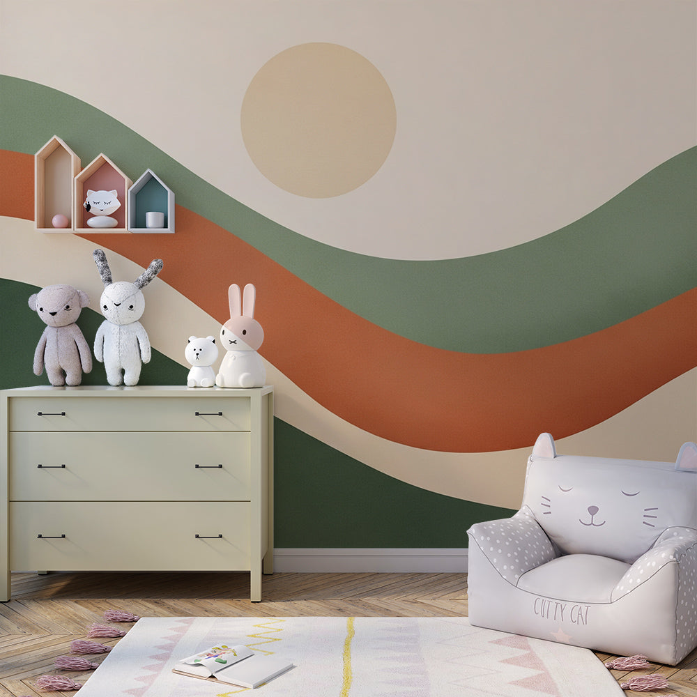 Kids-Mundo abstract sunset wall mural bringing warm rolling colour bands to a playroom wall