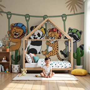 Adventure animals mural wallpaper in modern kids bedroom with safari friends sliding down ropes by Kids-Mundo